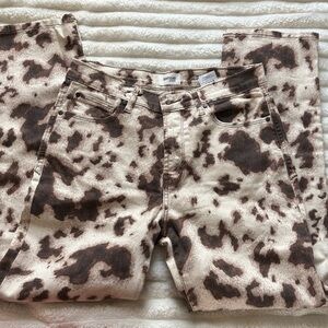 kensie Cream and Brown Cow-Print Straight Leg Jeans